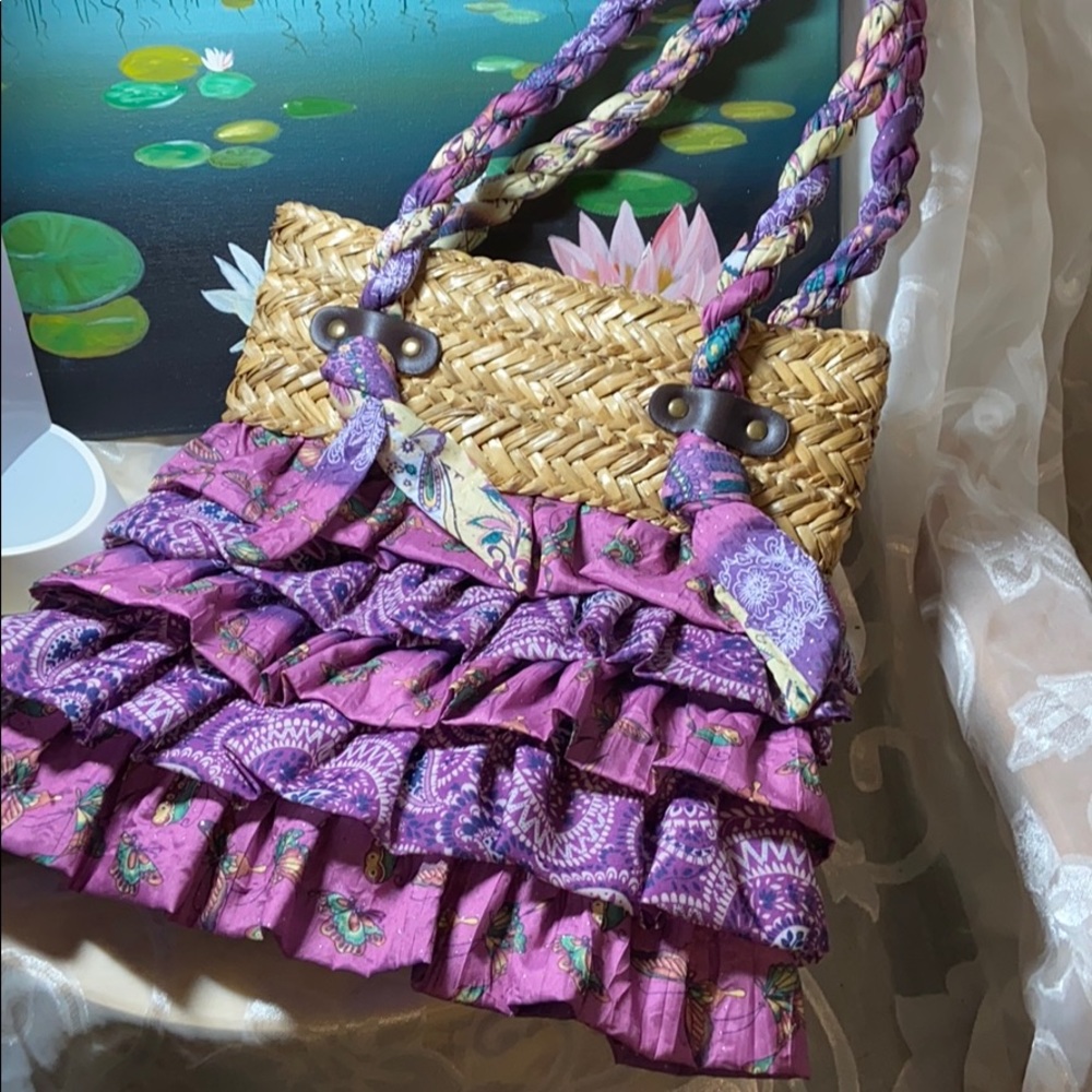 Sun Sand rattan and ruffles hobo bag purple